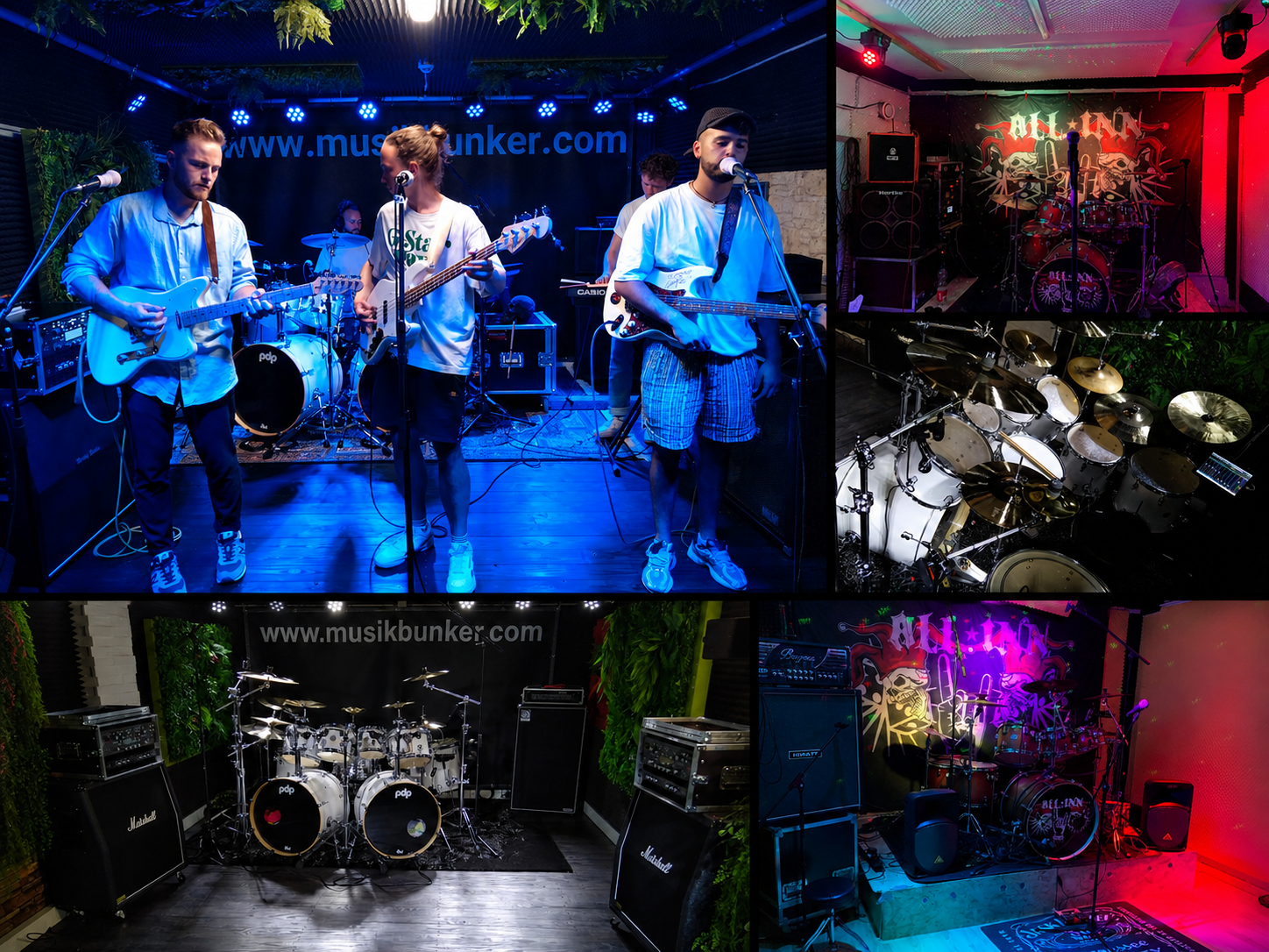 Collage aus echten Musikbunker-Proberäumen mit Band, Schlagzeugen und Verstärkern